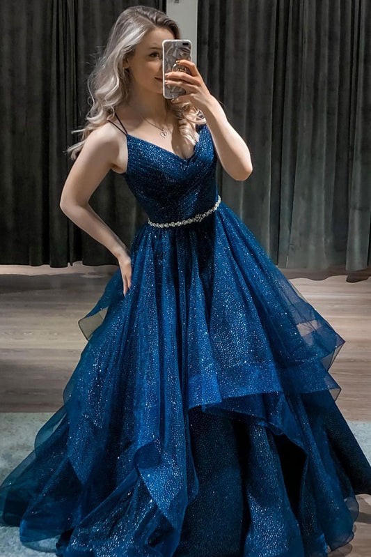 Dark blue v neck tulle sequin long prom dress blue formal dress
