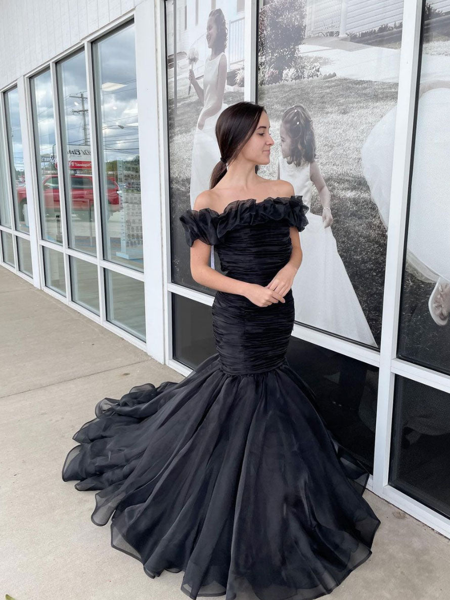 Black off shoulder tulle mermaid long prom dress black evening