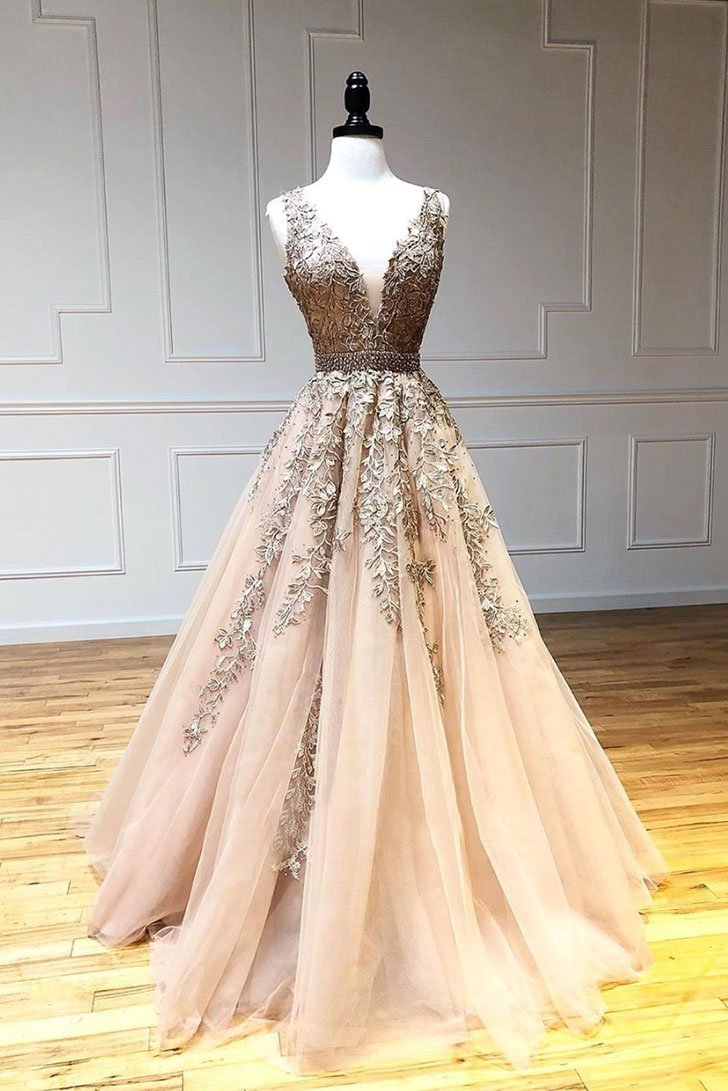 Champagne v neck tulle lace beads long prom dress tulle formal dress