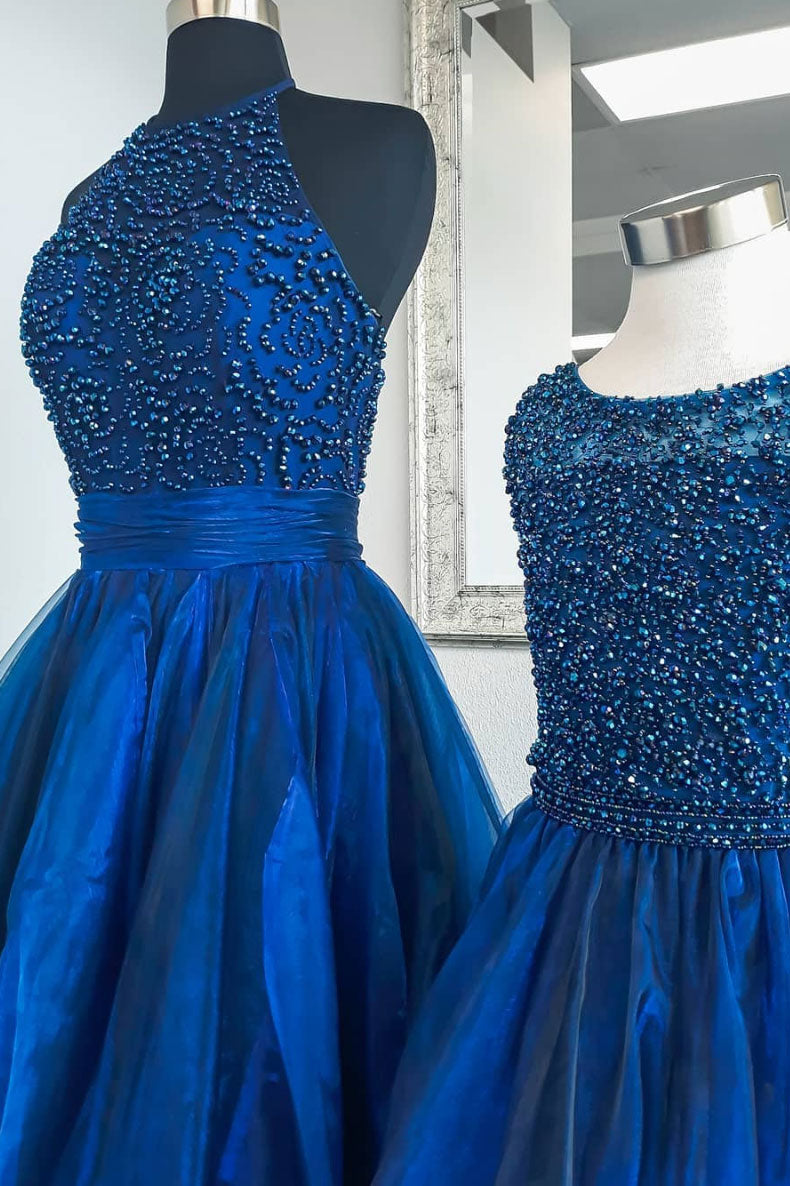 Blue high neck tulle beads long prom dress, blue evening dress