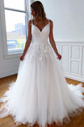 White v neck tulle lace long prom dress white formal dress