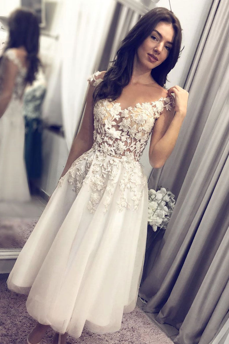 White tulle lace short prom dress lace bridesmaid dress