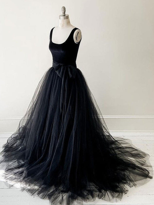 Black tulle long prom dress, black tulle formal evening dress