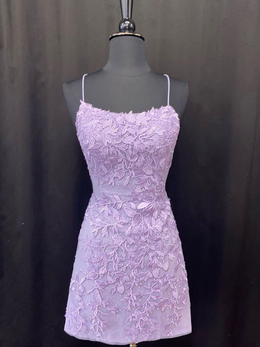 Simple purple lace short mermaid prom dress, lace homecoming dress