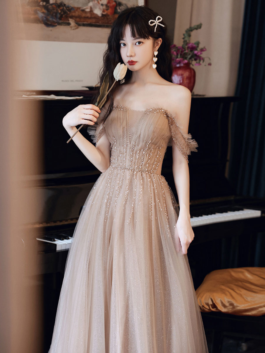 Champagne tulle beads A line long prom dress, champagne evening dress