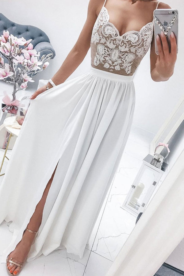 White sweetheart lace chiffon long prom dress white formal dress
