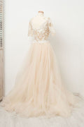 Light champagne tulle lace long prom dress, tulle evening dress