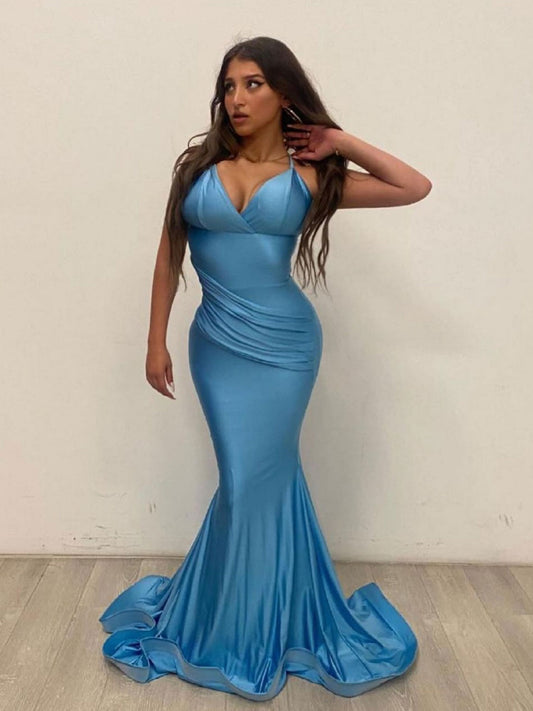 Simple blue satin mermaid long prom dress, blue evening dress