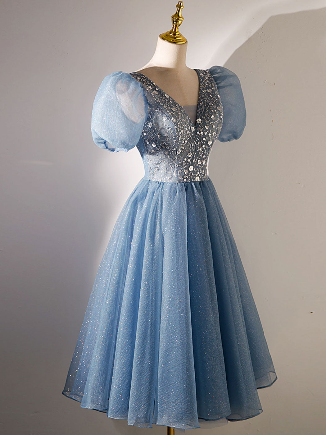 A-Line V Neck Blue Short Prom Dress, Blue Homecoming Dress with Sequin