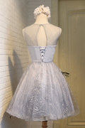 Gray round neck tulle short prom dress gray homecoming dress