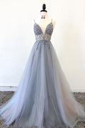 Gray v neck tulle long prom dress, gray tulle evening dress