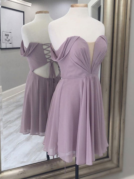 Simple A-line chiffon short prom dress, chiffon bridesmaid dress