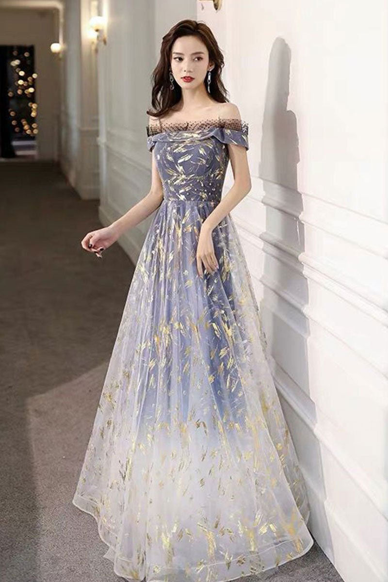 Blue tulle off shoulder long prom dress tulle formal dress – dresstby