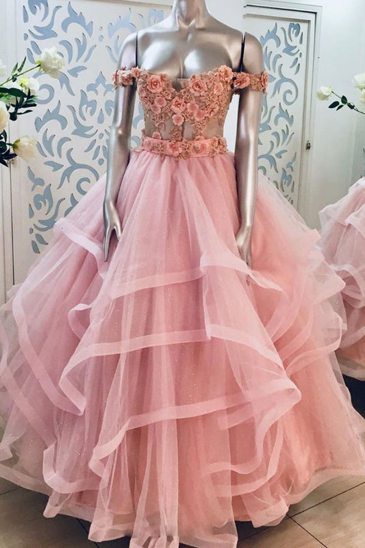 Pink sweetheart off shoulder lace long prom dress pink evening dress