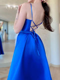 Simple Blue Satin Long Prom Dresses, Blue Formal Party Dress