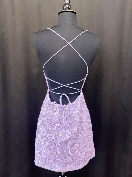 Simple purple lace short mermaid prom dress, lace homecoming dress