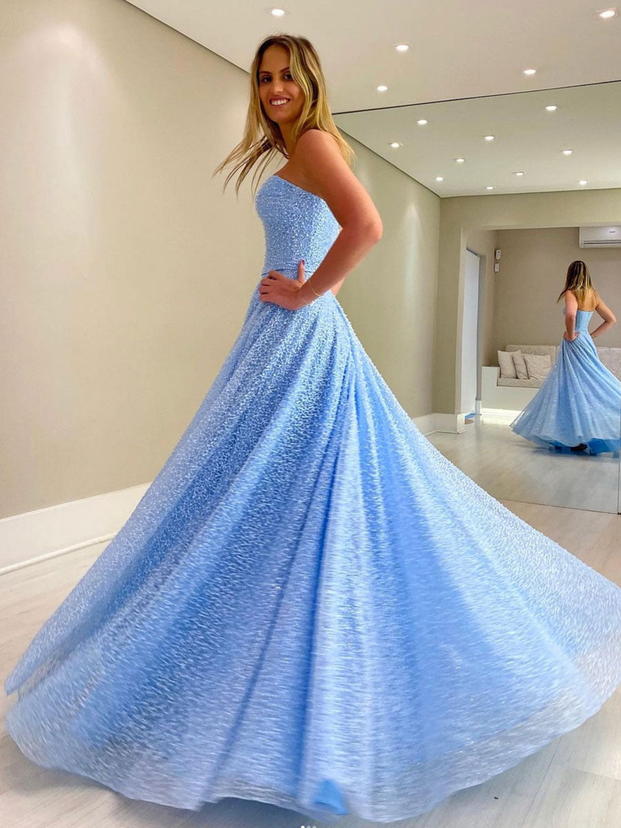 Blue sweetheart neck tulle beads long prom  dress