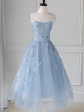 Blue round neck tulle short prom dress, blue tulle homecoming dress