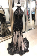 Black lace mermaid long prom dress, tulle lace evening dress