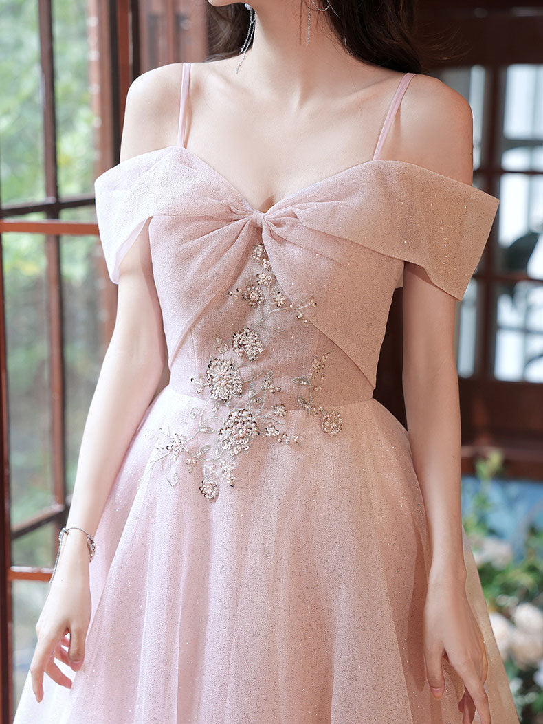 A Line Pink Long Prom Dresses, Off Shoulder Pink Formal Graduation Dresses