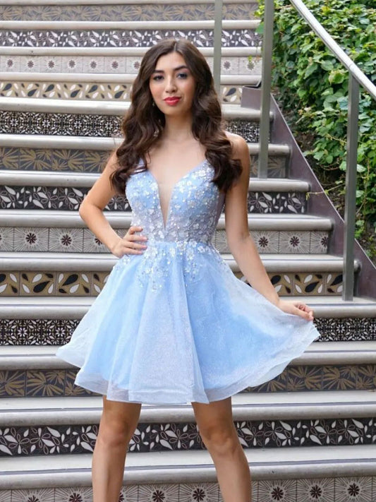 Blue v neck tulle lace short prom dress, blue tulle homecoming dress