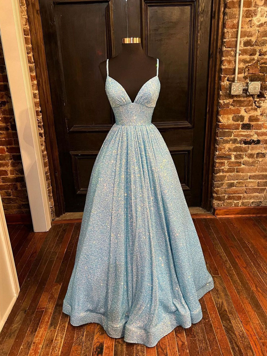 Simple blue v neck sequin long prom dress, A line blue evening dress