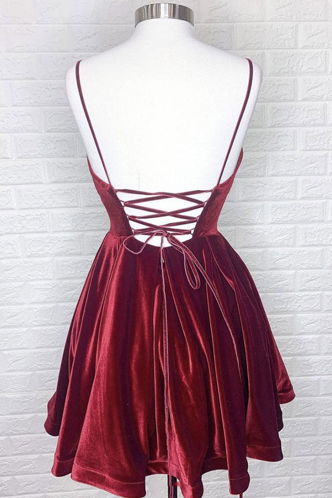 Simple burgundy v neck short prom dress burgundy homecoming dress