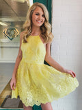 Yellow tulle lace short prom dress, yellow homecoming dress