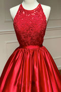 Red A line satin long prom dress red long formal dress