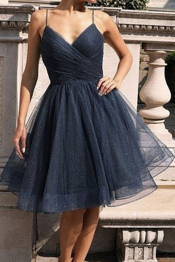 Simple dark blue tulle short prom dress blue formal dress