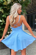 Simple blue v neck short prom dress blue cocktail dress