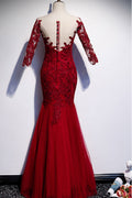 Burgundy round neck tulle lace long prom dress burgundy evening dress