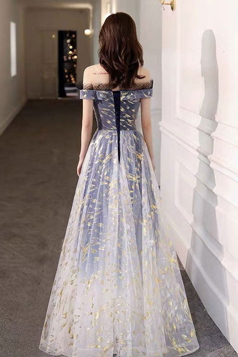 Blue tulle off shoulder long prom dress tulle formal dress