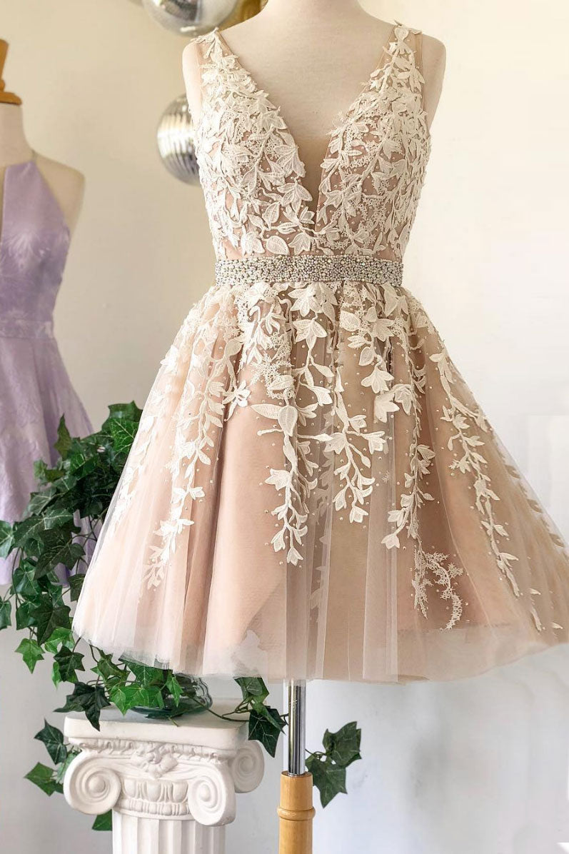 Champagne v neck tulle lace short prom dress, champagne homecoming dress