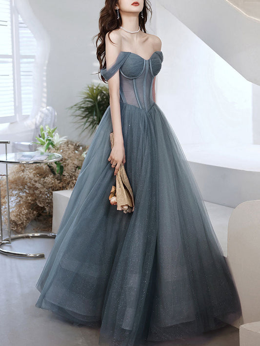 Gray blue sweetheart neck tulle long prom dress, white tulle formal dress