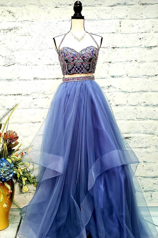 Blue sweetheart two pieces tulle long prom dress, blue evening dress
