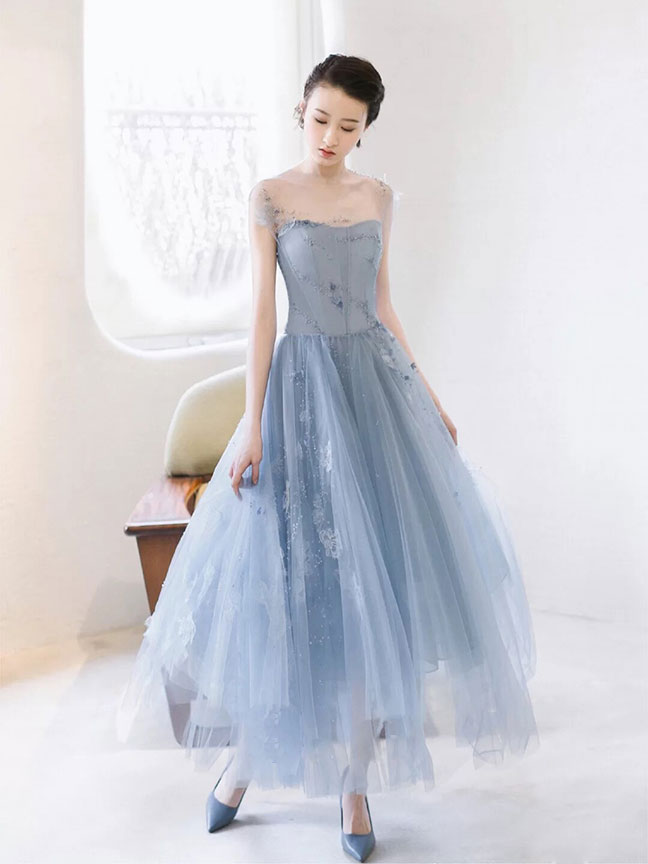 Blue round neck tulle short prom dress, blue tulle homecoming dress