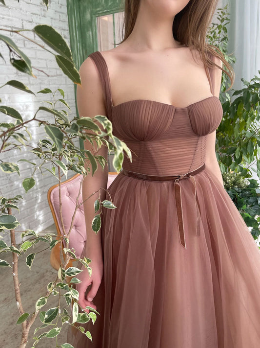 Simple Aline Tea Length Brown Prom Dresses, Brown Homecoming Dresses