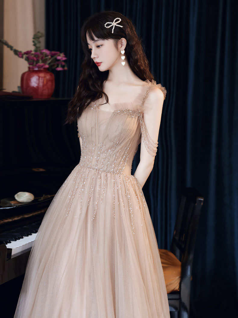 Champagne tulle beads A line long prom dress, champagne evening dress