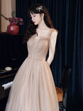 Champagne tulle beads A line long prom dress, champagne evening dress