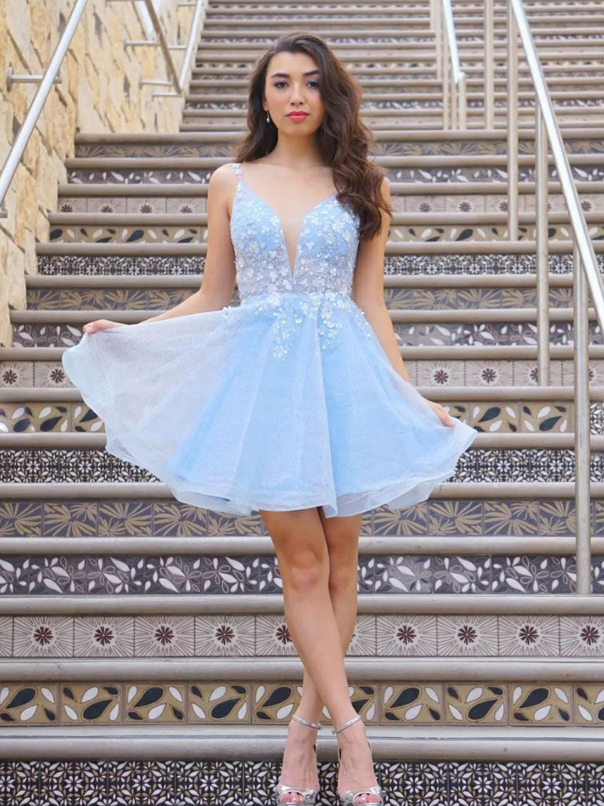 Blue v neck tulle lace short prom dress, blue tulle homecoming dress