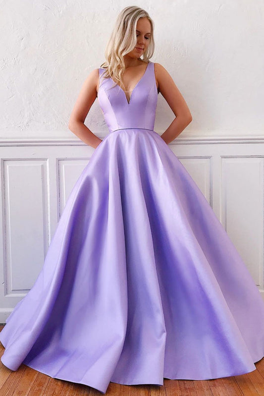 Simple v neck purple satin long prom dress purple long formal dress