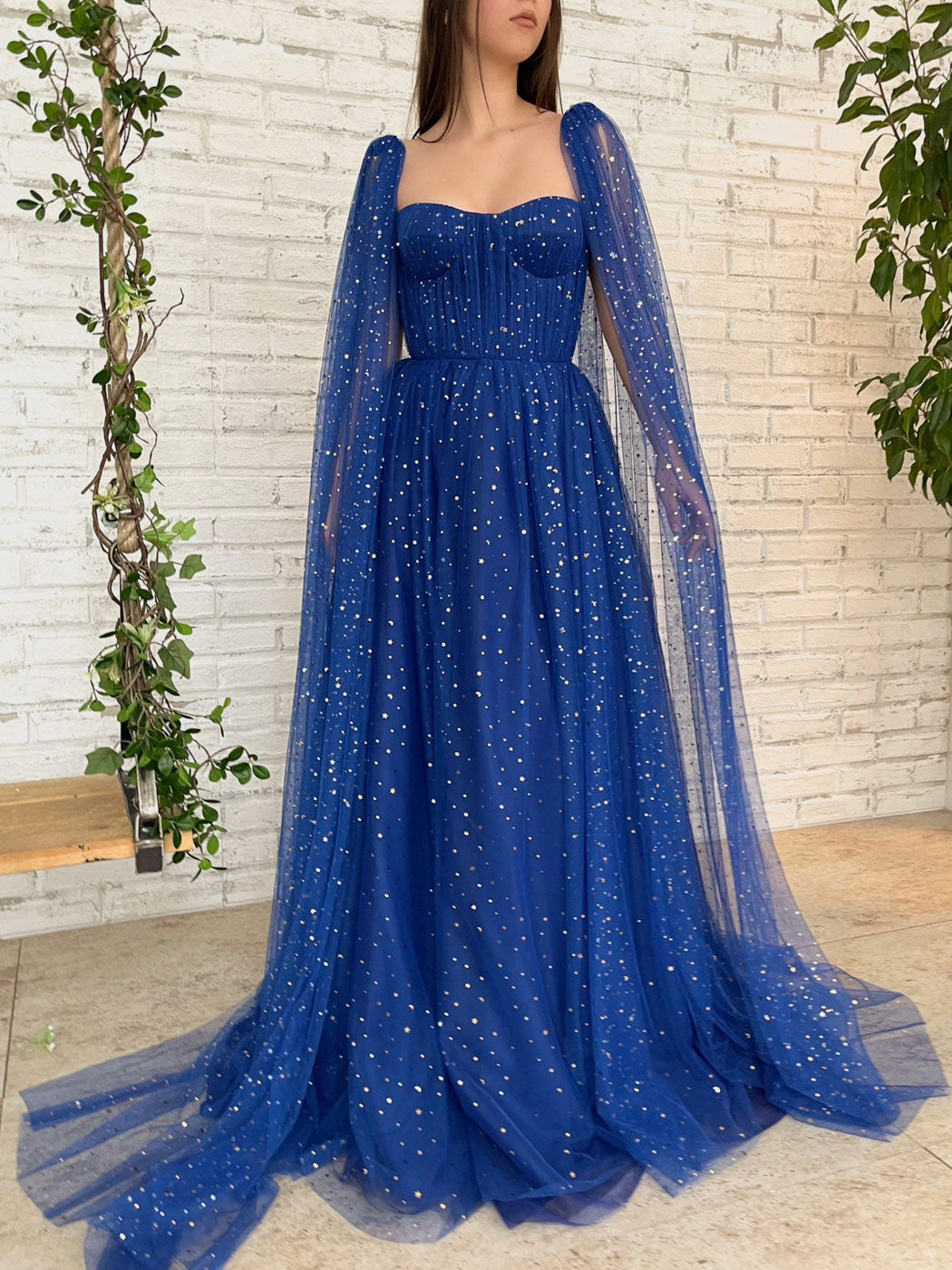 Blue tulle long prom dress, blue A line tulle formal evening dress