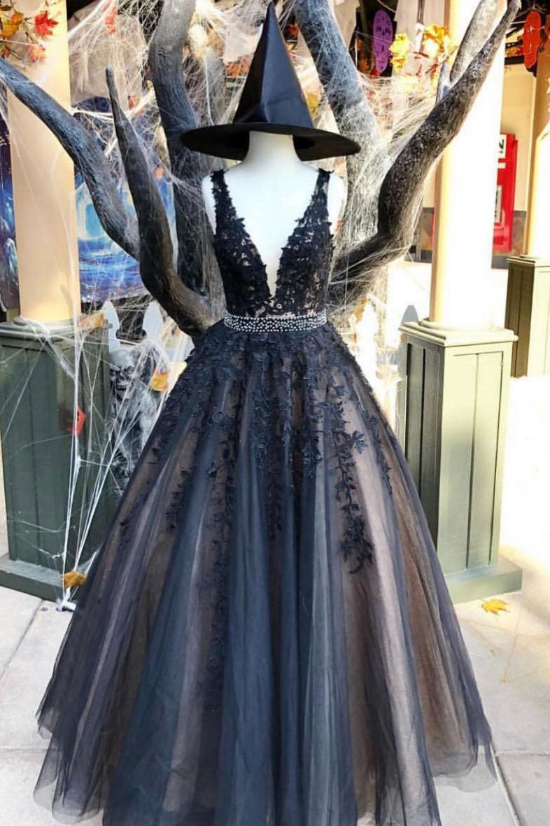 Dark blue v neck tulle lace long prom dress, dark blue tulle evening dress