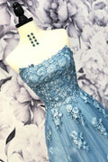 Blue sweetheart neck tulle applique long prom dress, blue evening dress