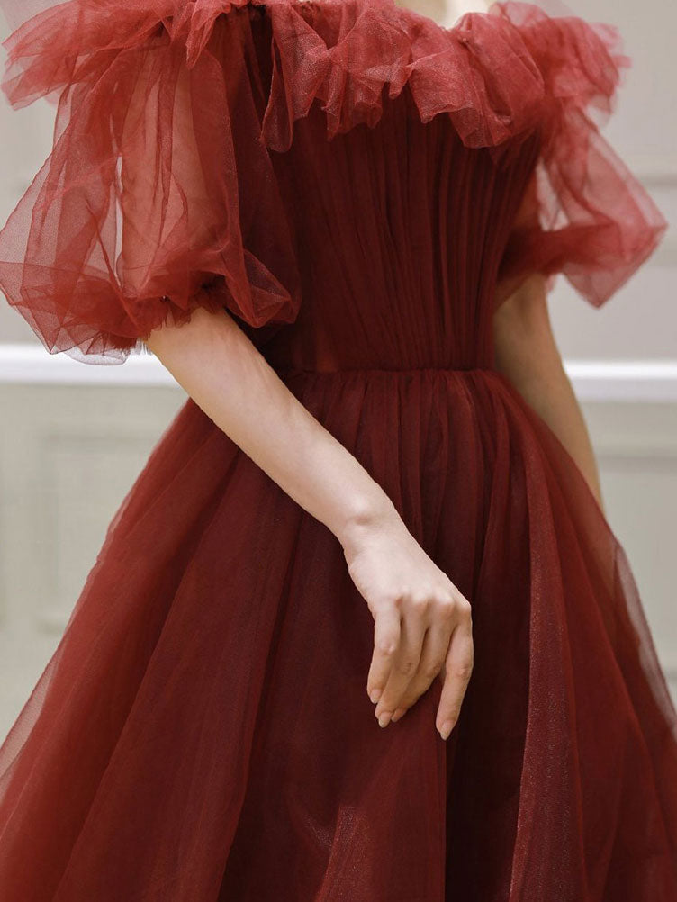 Burgundy tulle off shoulder long prom dress, burgundy evening dress