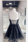 Black tulle lace short prom dress, black cocktail dress