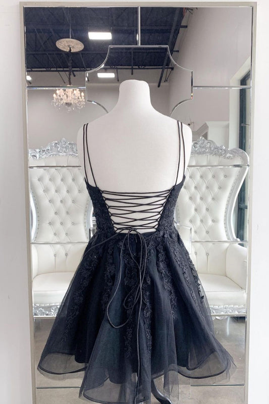 Black tulle lace short prom dress, black cocktail dress