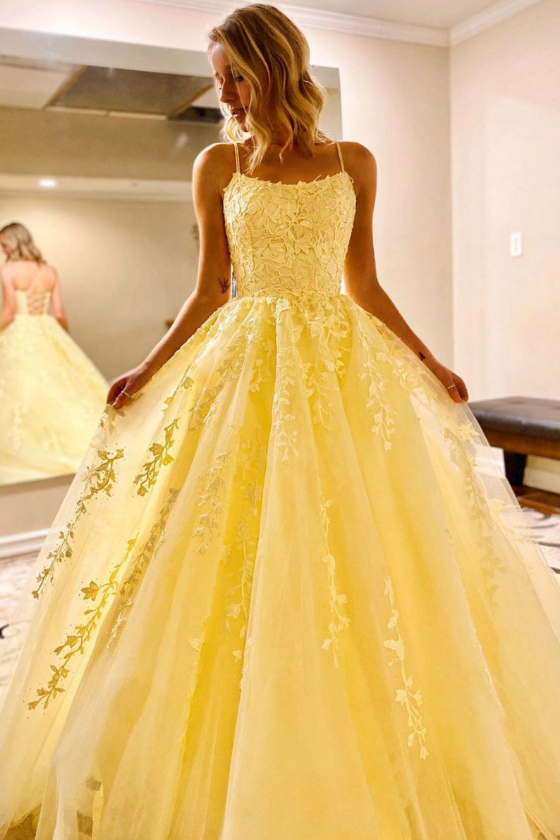 Yellow tulle lace long prom dress yellow lace formal dress