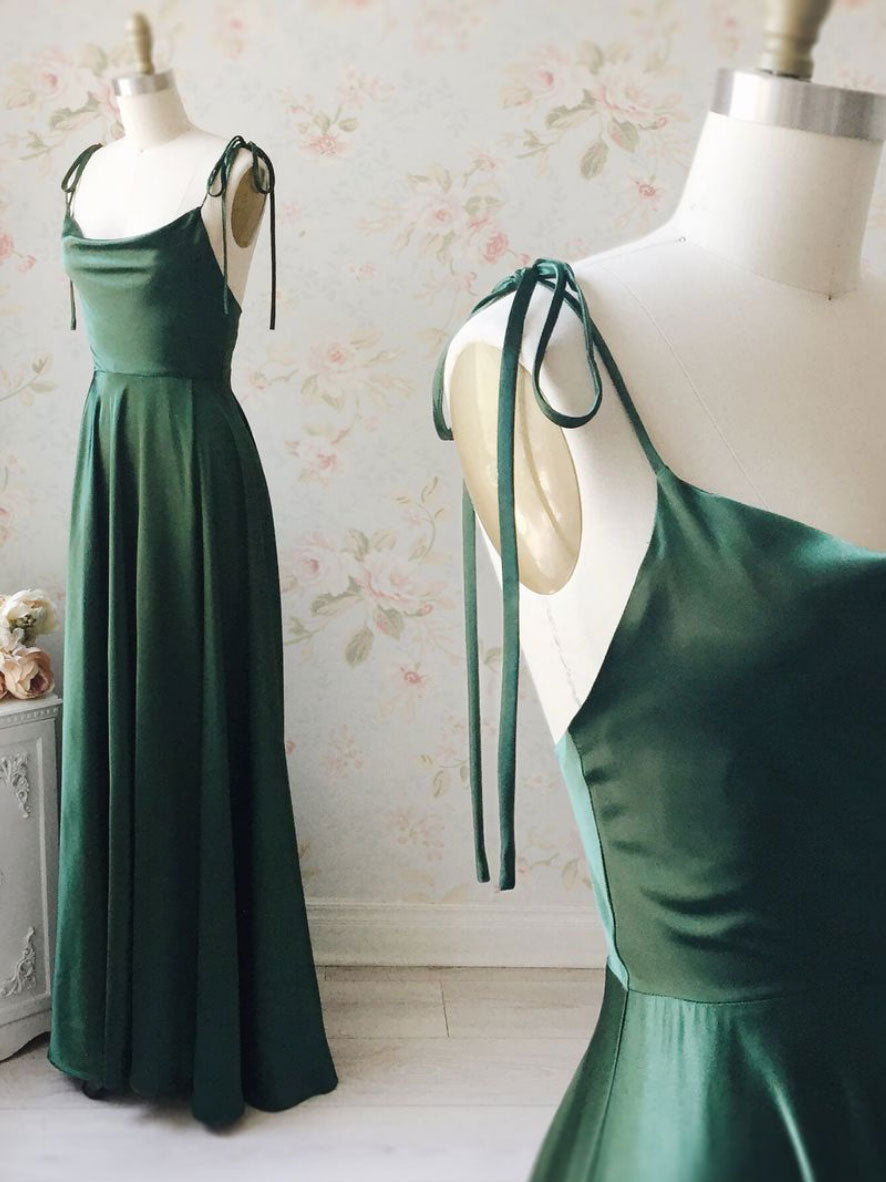 Simple green satin long prom dress, green bridesmaid dress